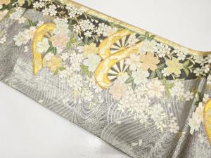 枝垂れ桜に流水・片輪車模様織り出し　振袖用袋帯